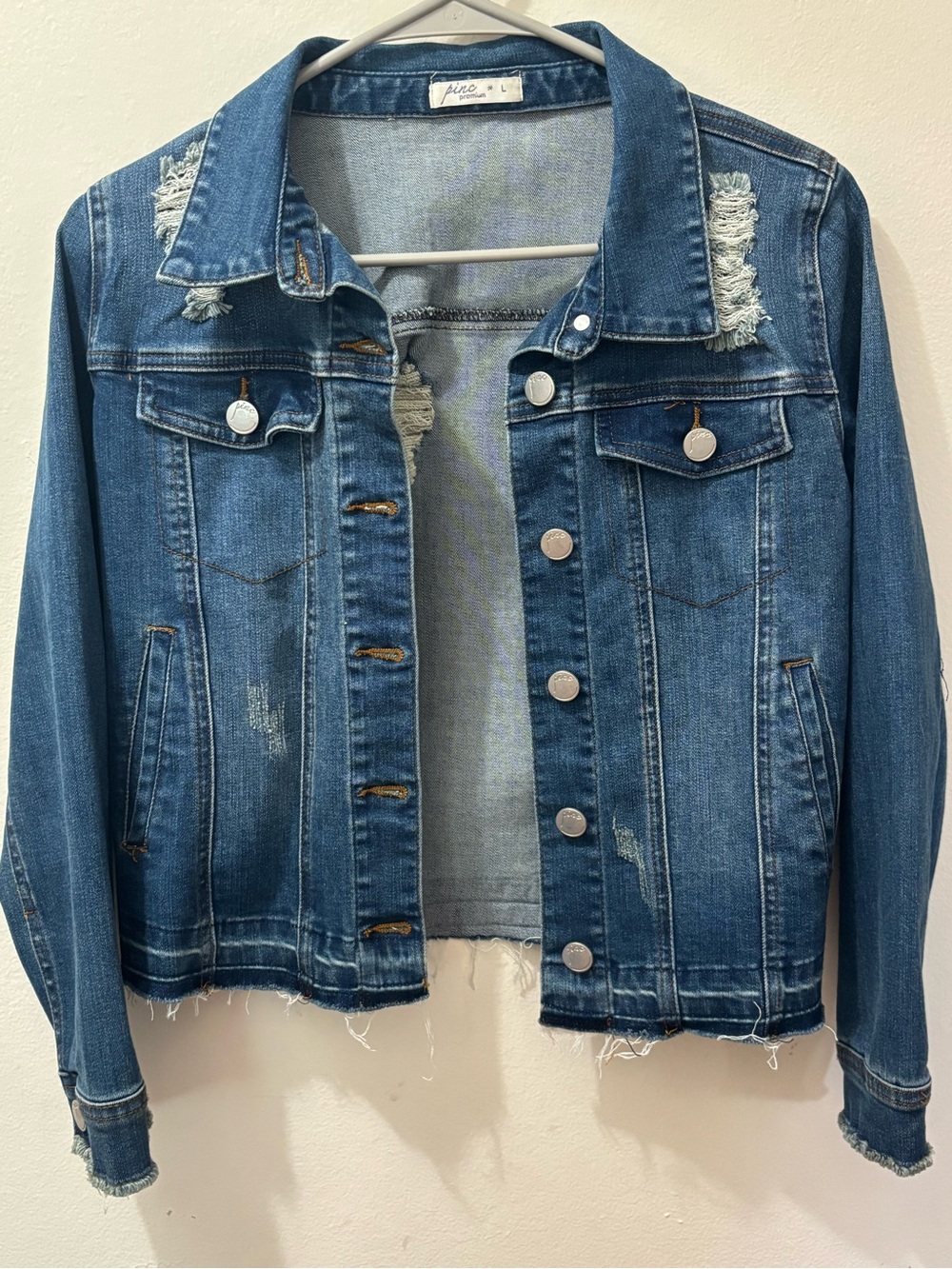 Girls Pinc Premium Distressed Denim Jacket; Raw Hem Stretch Jean Jacket